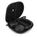 Black hard-shell headphone case with zipper, holding wireless earbuds and band