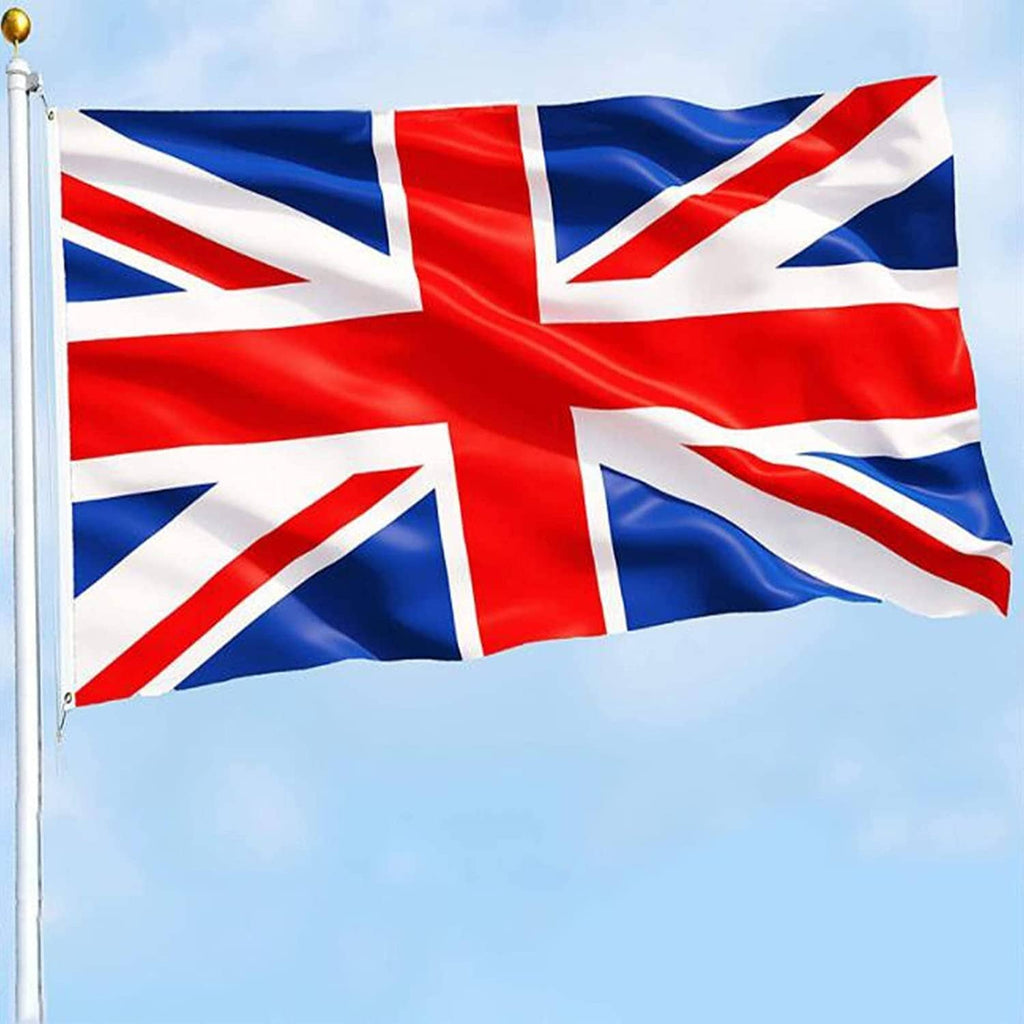 Union Jack flag on a pole, red and white cross with blue field outdoors