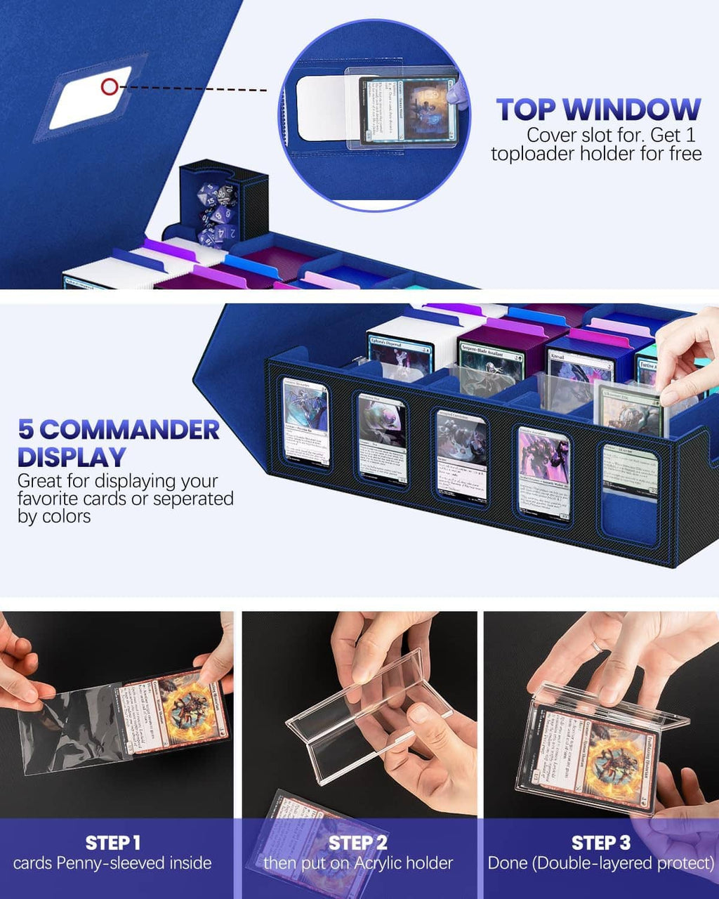 Blue card deck case with commander display window and transparent top cover