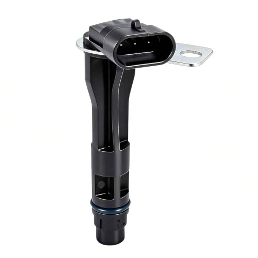 Black camshaft position sensor with metal mounting plate and wide electrical plug