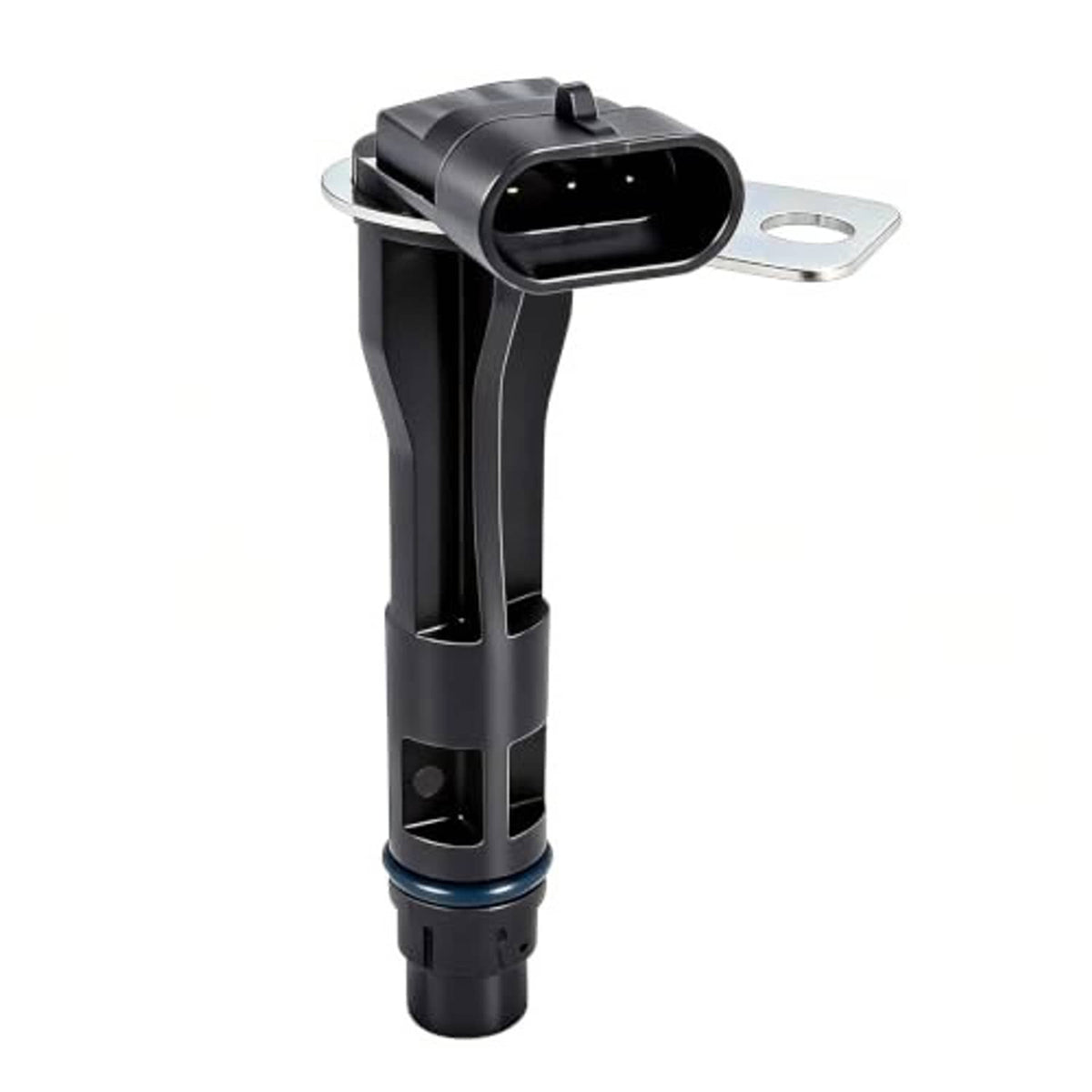 Black camshaft position sensor with metal mounting plate and wide electrical plug