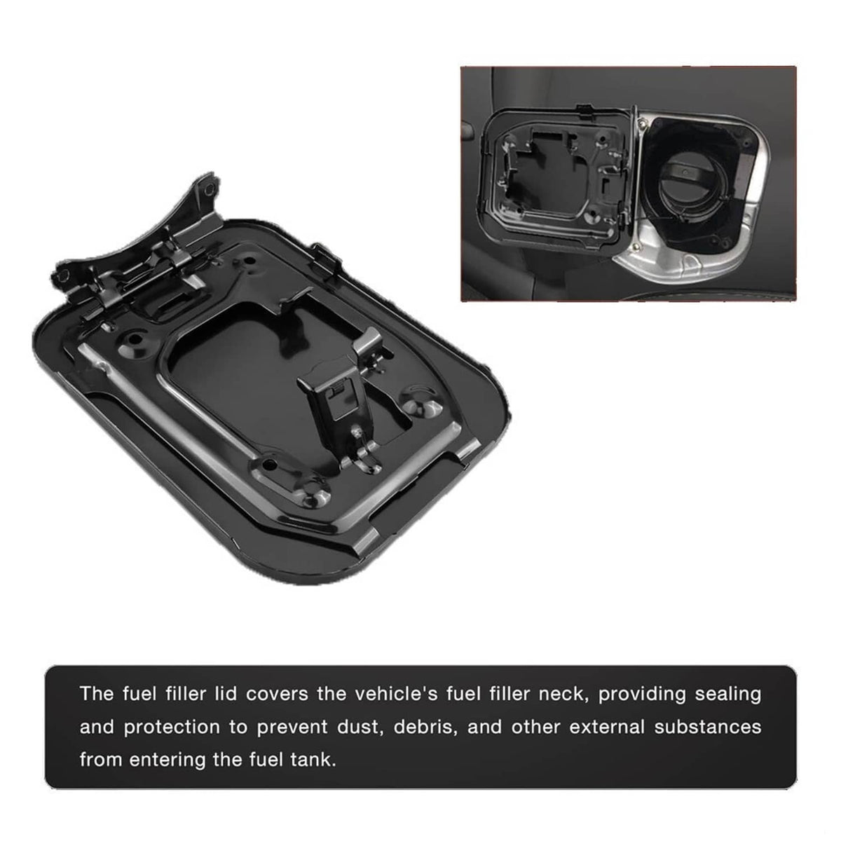 Black fuel filler lid cover with inner mounting posts for replacement