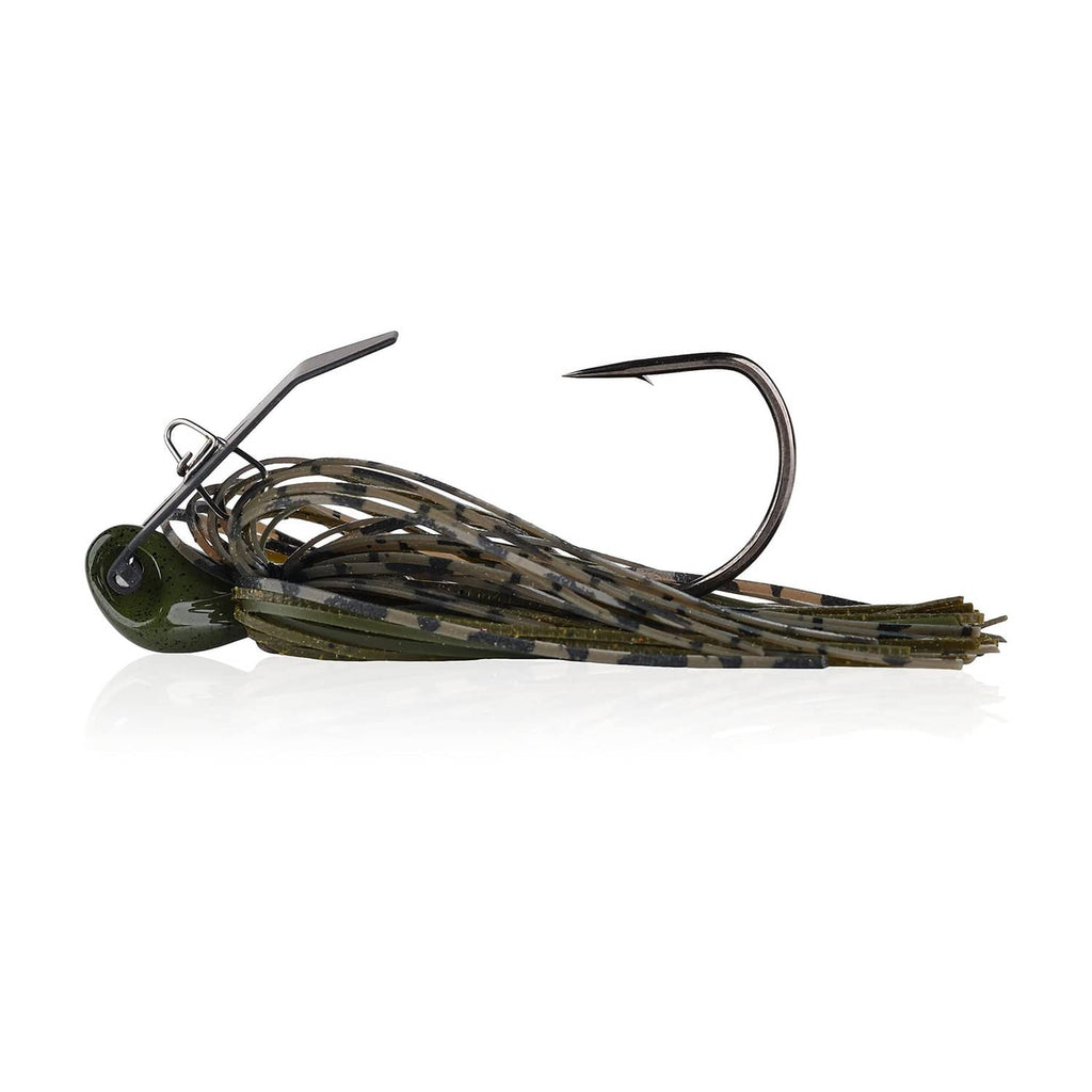 Green pumpkin bladed jig lure with dark skirt and prominent hook