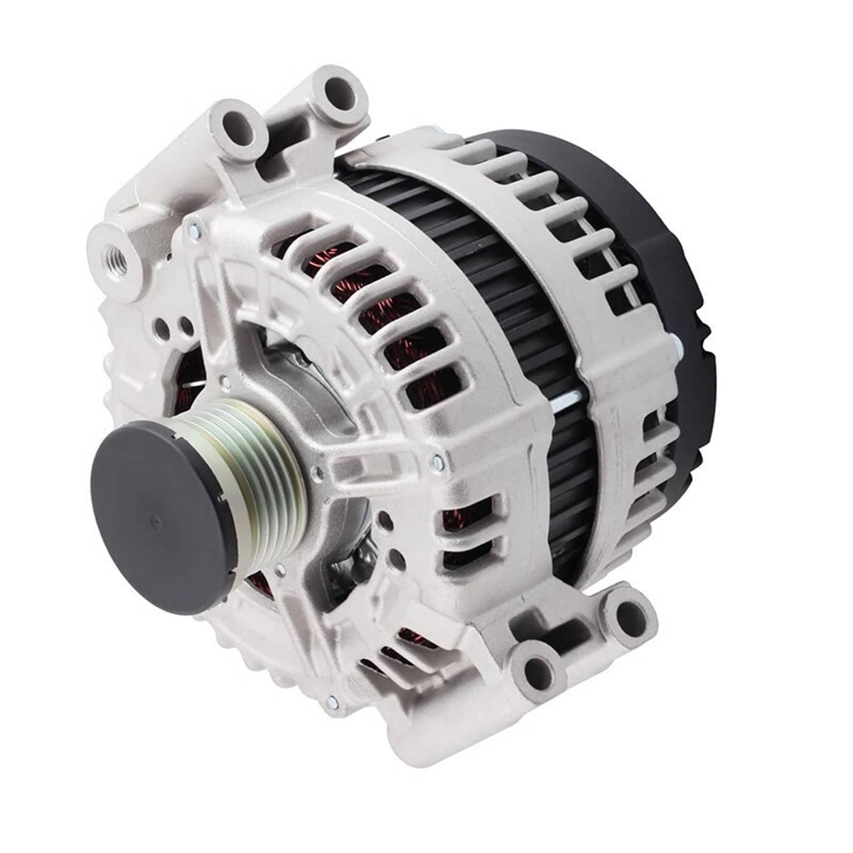 Automotive alternator rear view with threaded connection and cooling fins, silver body