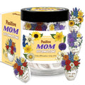 Floral mom affirmation jar with black lid and clear card display, gift tags attached