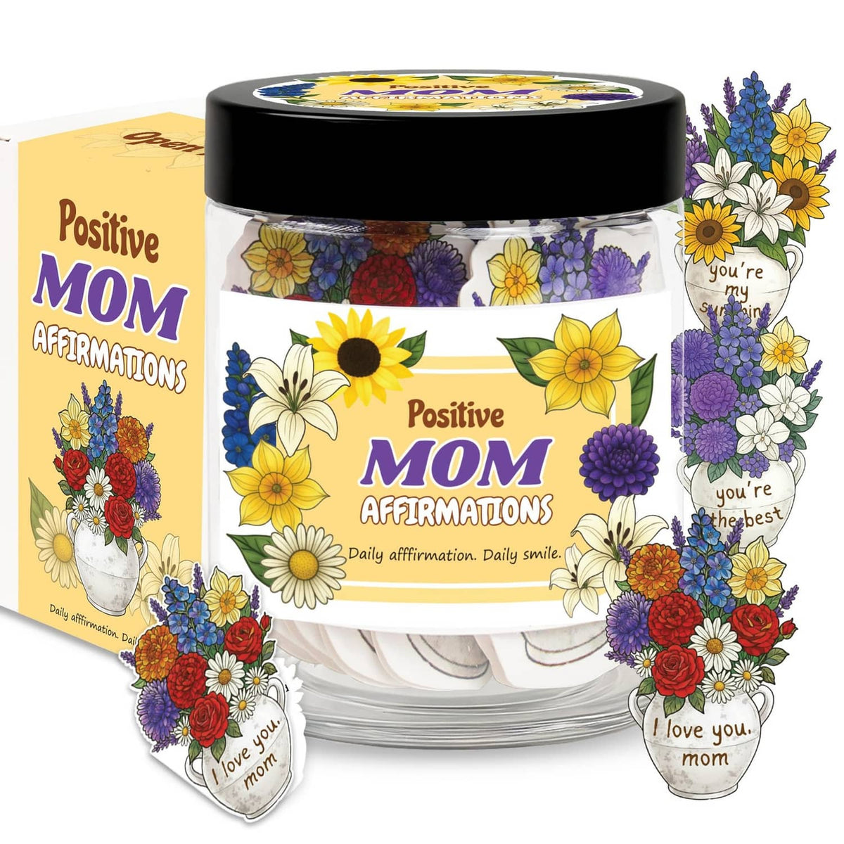 Floral mom affirmation jar with black lid and clear card display, gift tags attached