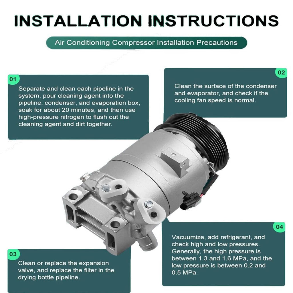 A/C compressor installation instructions graphic with a silver compressor illustration