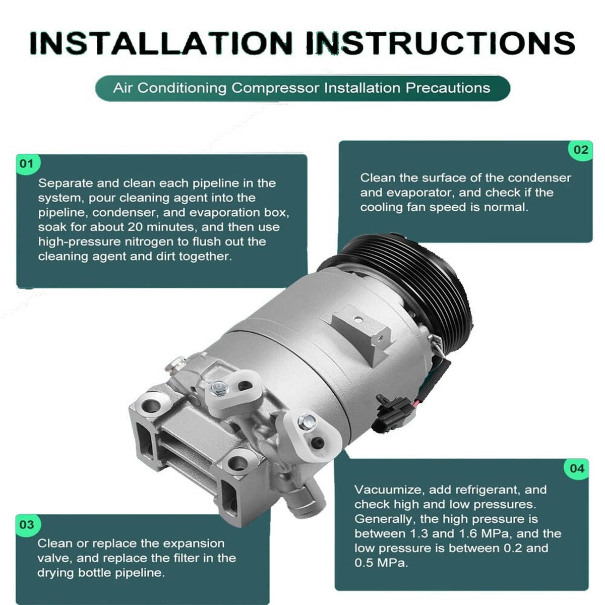 A/C compressor installation instructions graphic with a silver compressor illustration