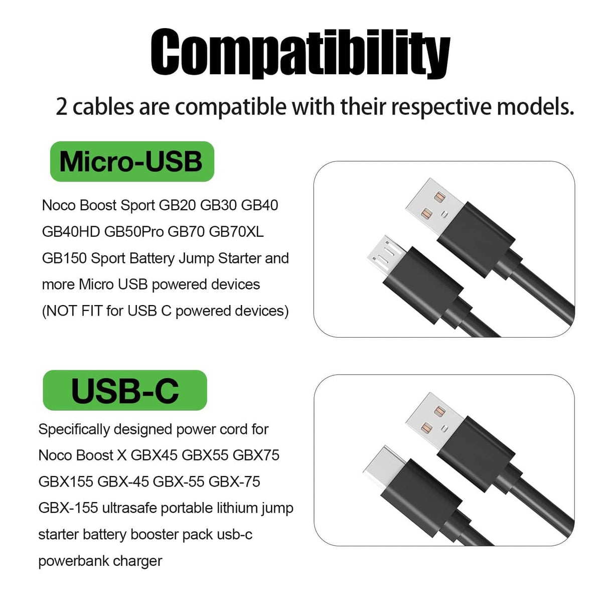 Black charging cables with micro-USB and USB-C connectors shown for compatibility.