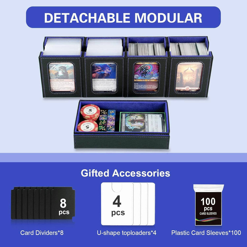 Black and blue modular deck box with detachable card trays and included accessories items.
