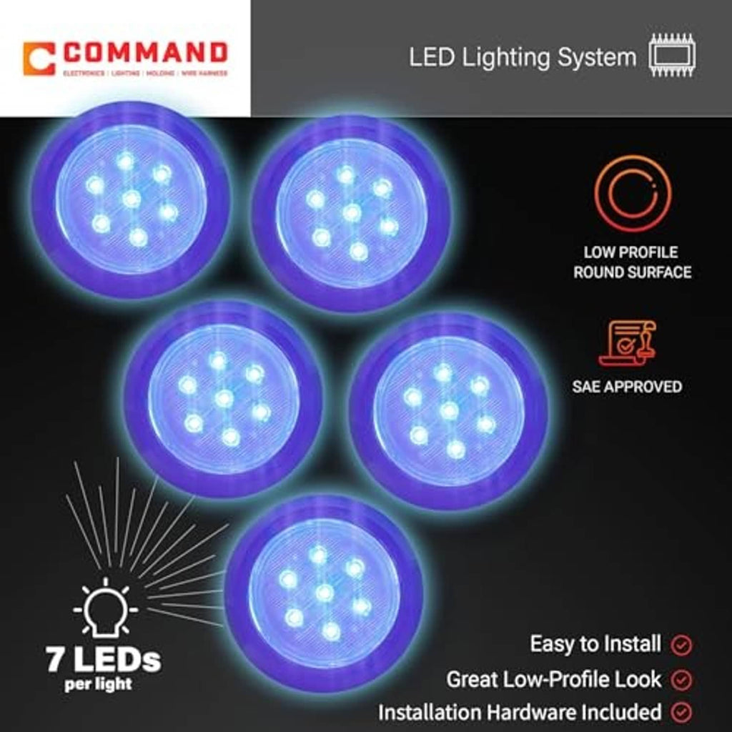 Set of round blue LED dome surface lights with low-profile round design