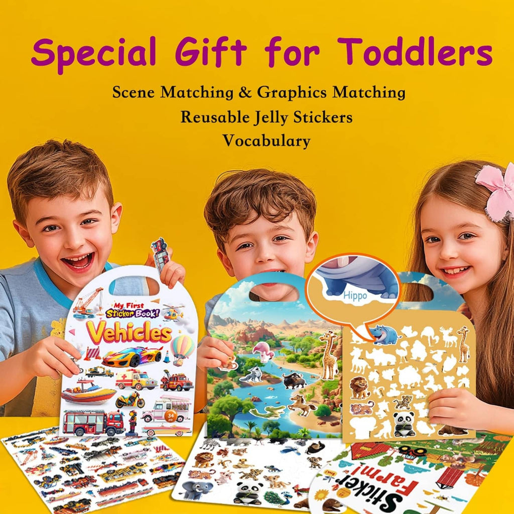 Reusable jelly sticker books set for toddlers, featuring Vehicles and matching sticker activities