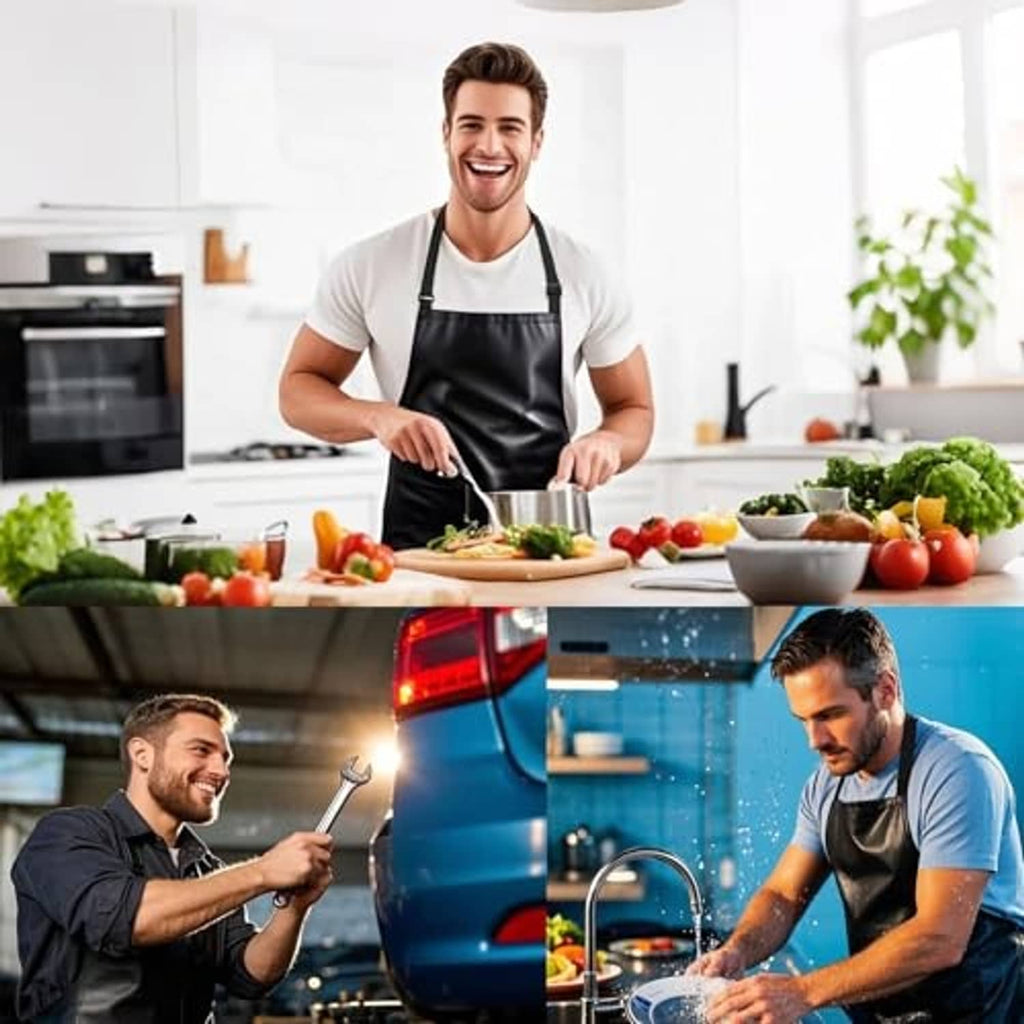 Black waterproof apron worn while cooking and washing dishes; person in casual kitchen clothes.