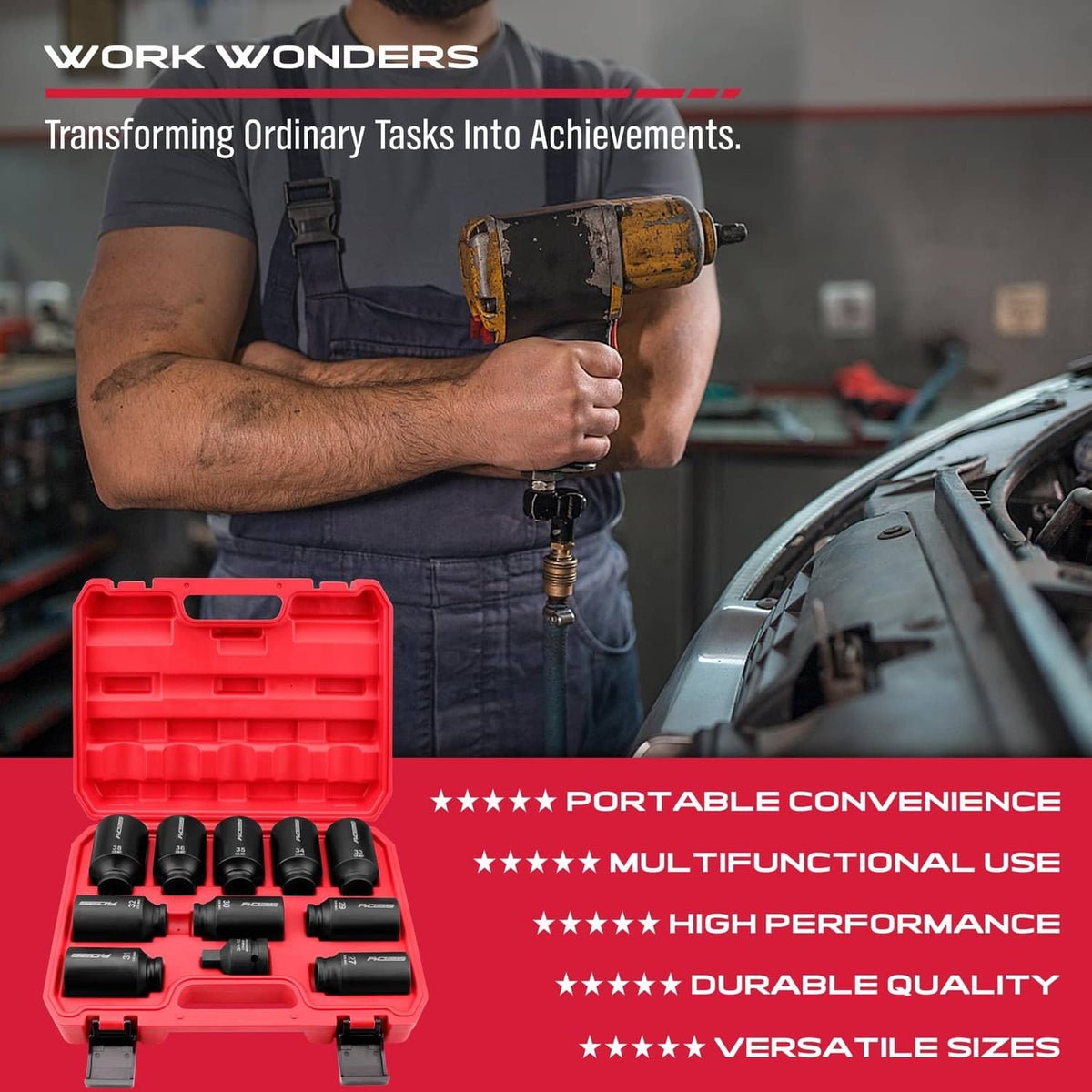 Portable red case holding multiple 1/2 drive deep impact sockets and adapter