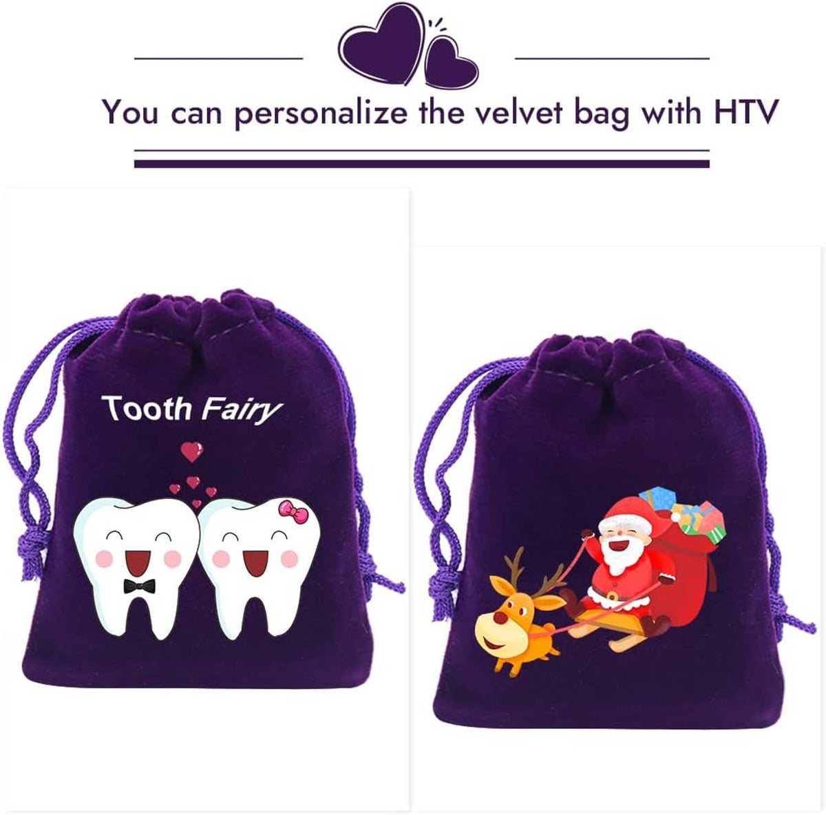 Purple velvet drawstring gift pouches with colorful cartoon-style printed designs