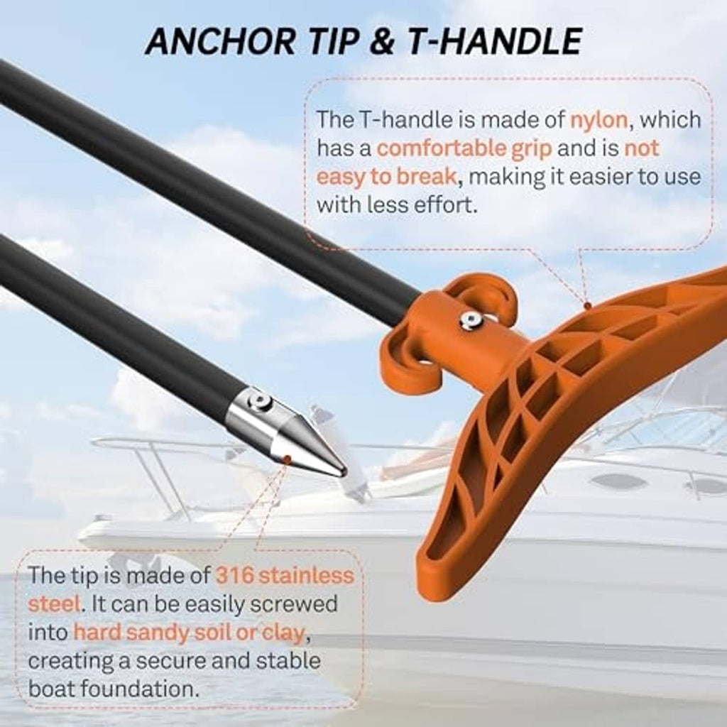 Shallow water anchor tip with T-handle detail on black pole and orange head