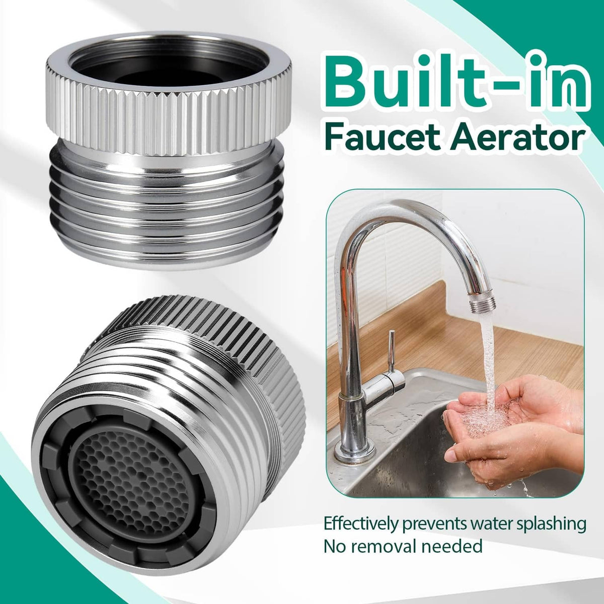 Silver built-in faucet aerator adapter with black mesh face and ribbed threaded body