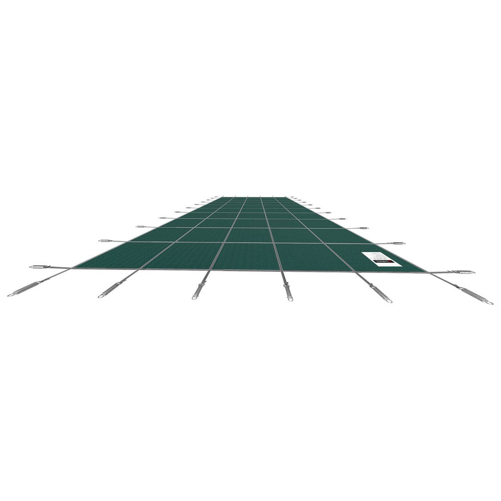 Green pool safety cover with grid mesh and metal anchor rods for securing