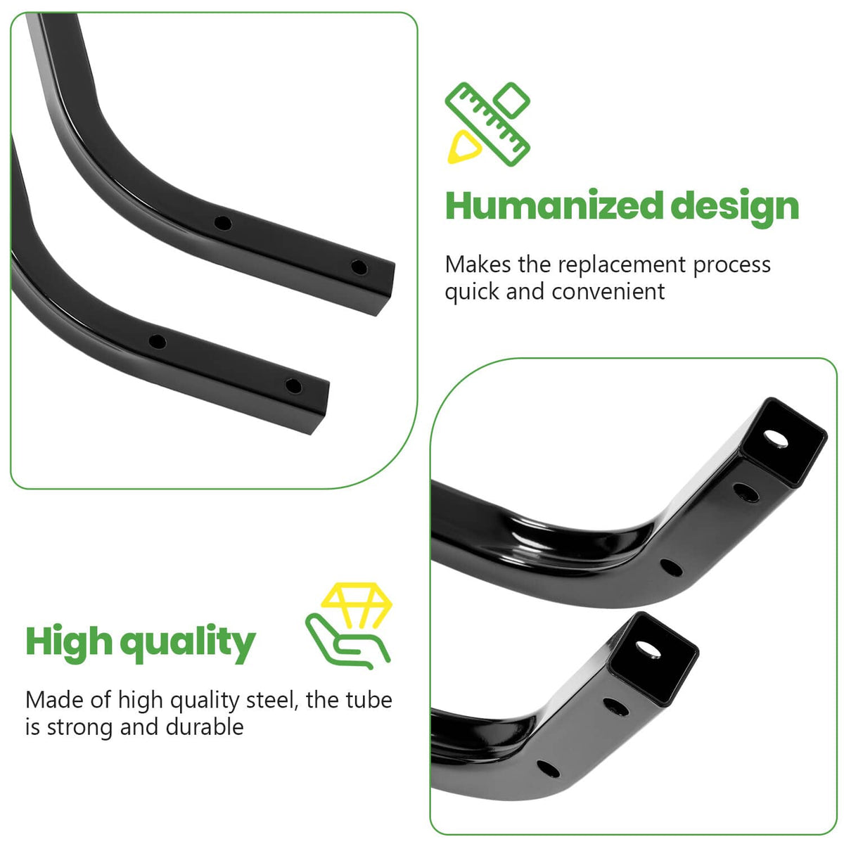 Black curved steel support struts with drilled mounting holes, bracketed ends