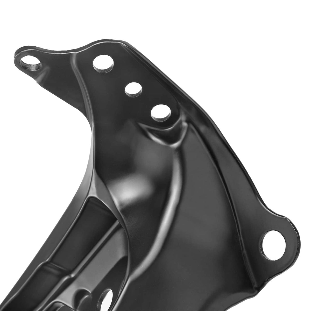 Black metal headlight bracket panel with four holes and curved reinforcement ribs