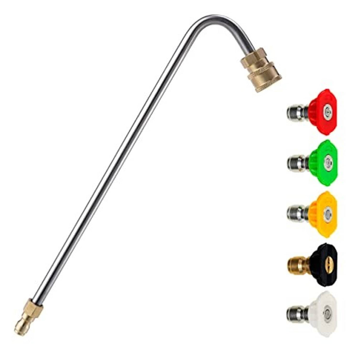 Angled pressure washer gutter cleaner wand with five colored quick-connect nozzle tips