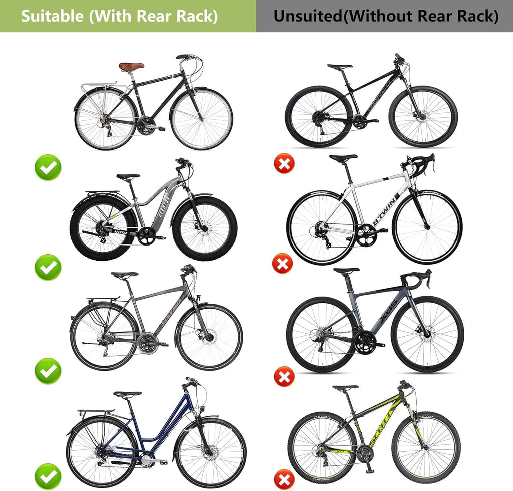 Rear child bike seat fit guide showing bikes suitable with a rear rack
