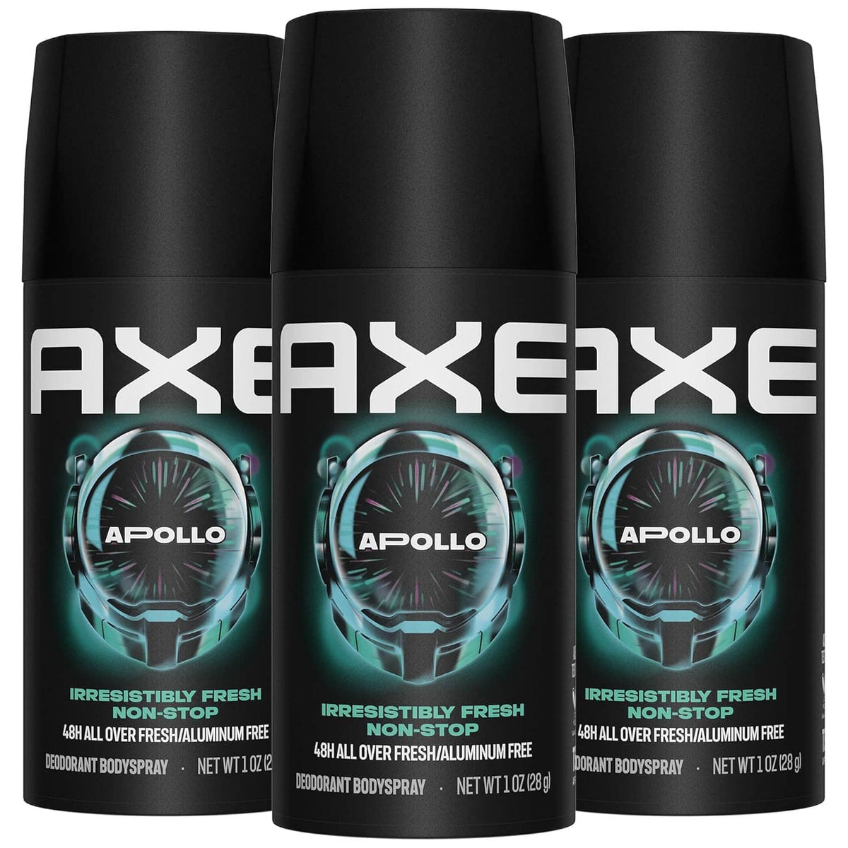 Three AXE Apollo deodorant body spray bottles, dark canisters with teal label