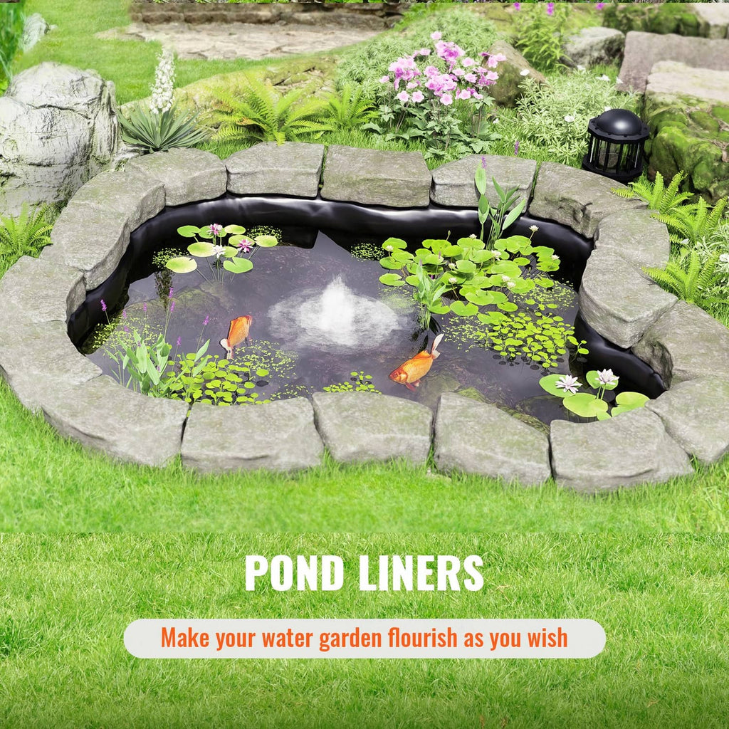 Black pond liner installed in a landscaped fish pond, covering the basin bottom and sides