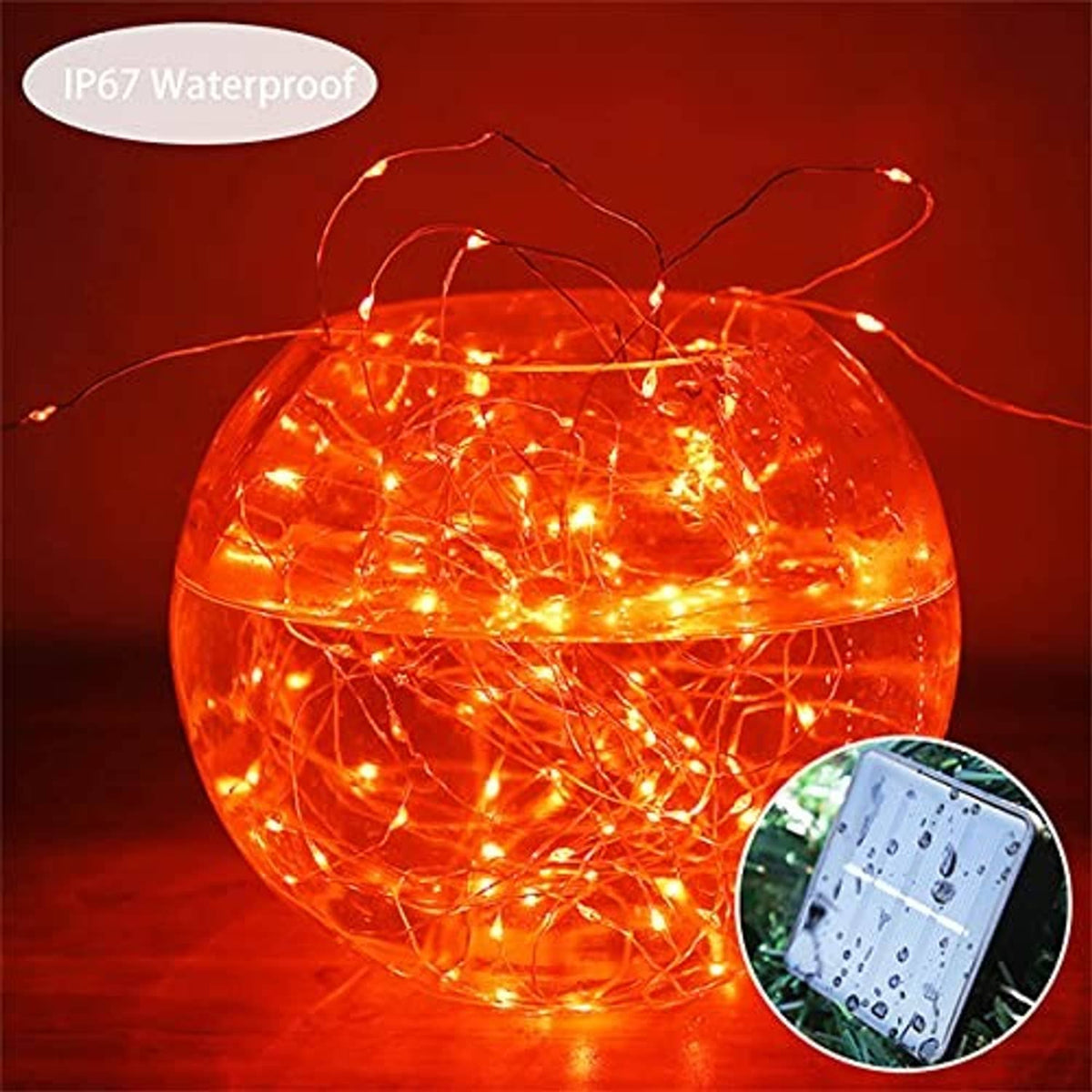 Weatherproof solar string lights wrapped on a clear spherical lantern, warm orange glow