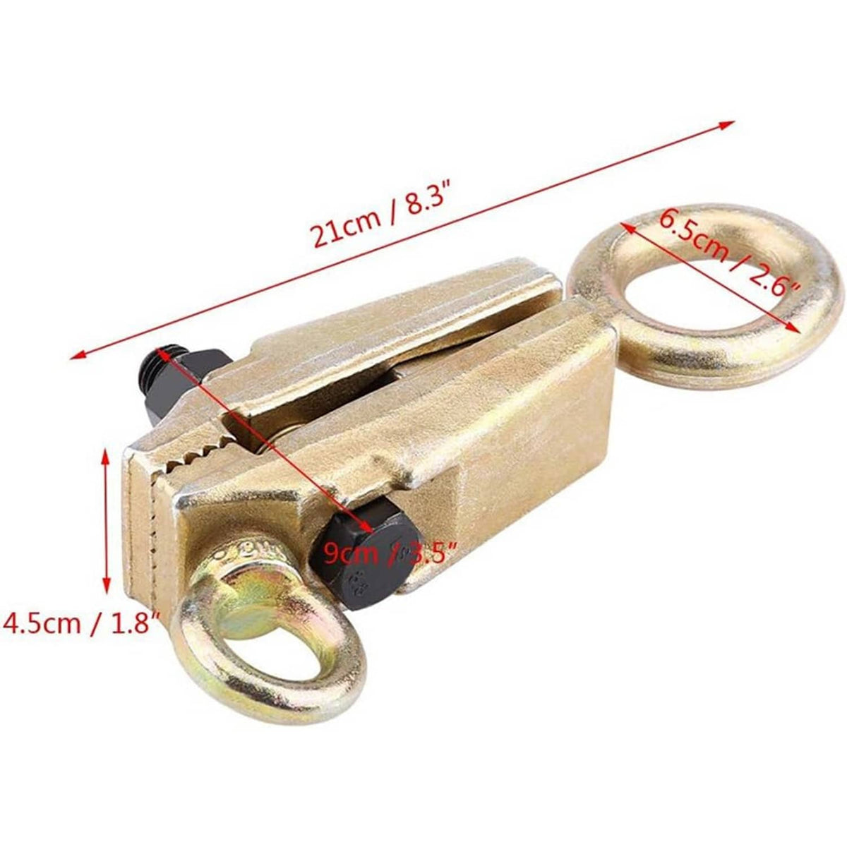 2-way auto body pull clamp tool with ring handles and serrated jaw, gold finish.