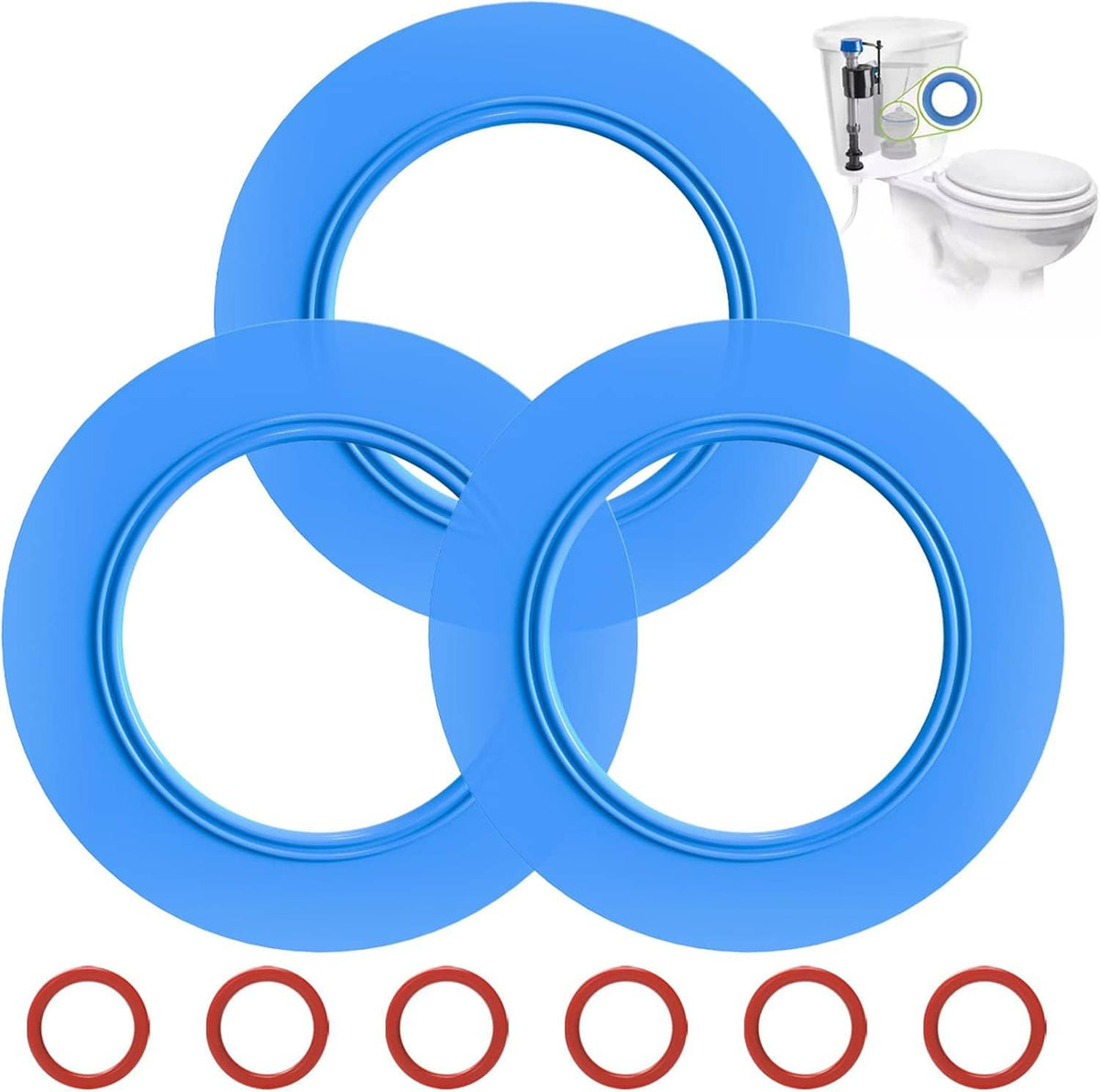 3-pack blue silicone flush valve seal rings arranged with red replacement rings