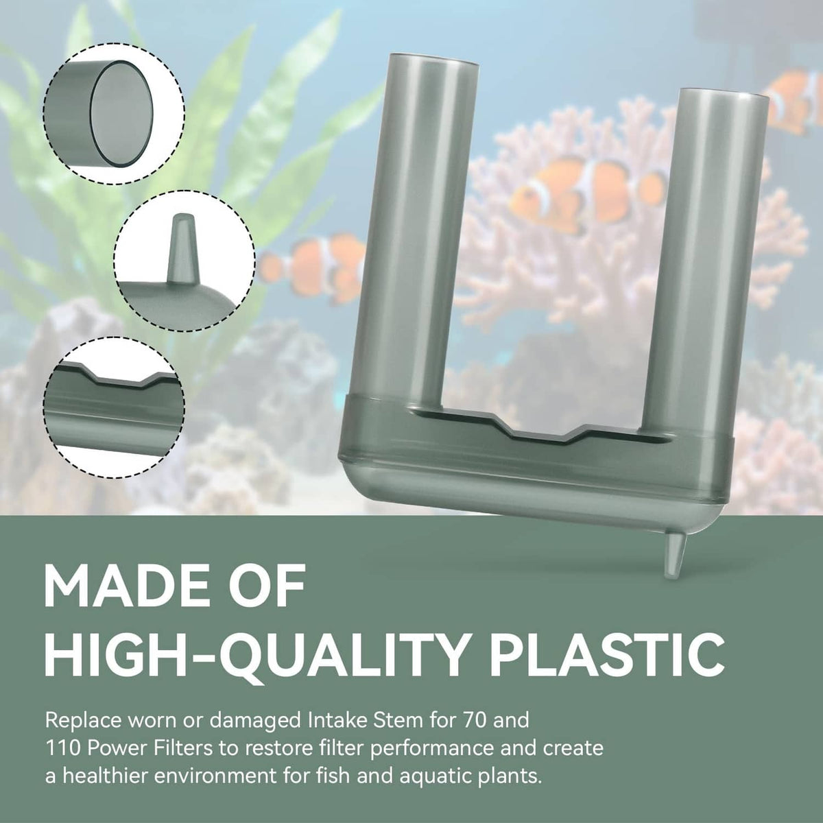 Aquarium intake stem close-up with two vertical ports and U-shaped base, translucent