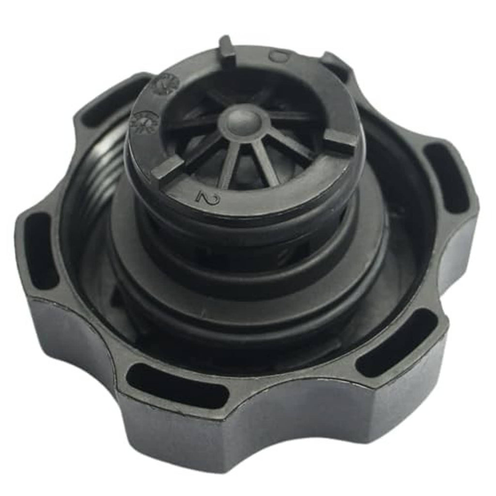 Black coolant reservoir cap with pressure valve and embossed markings