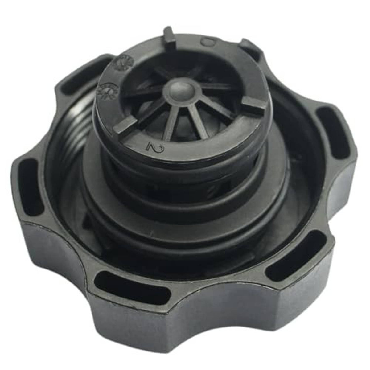 Black coolant reservoir cap with pressure valve and embossed markings