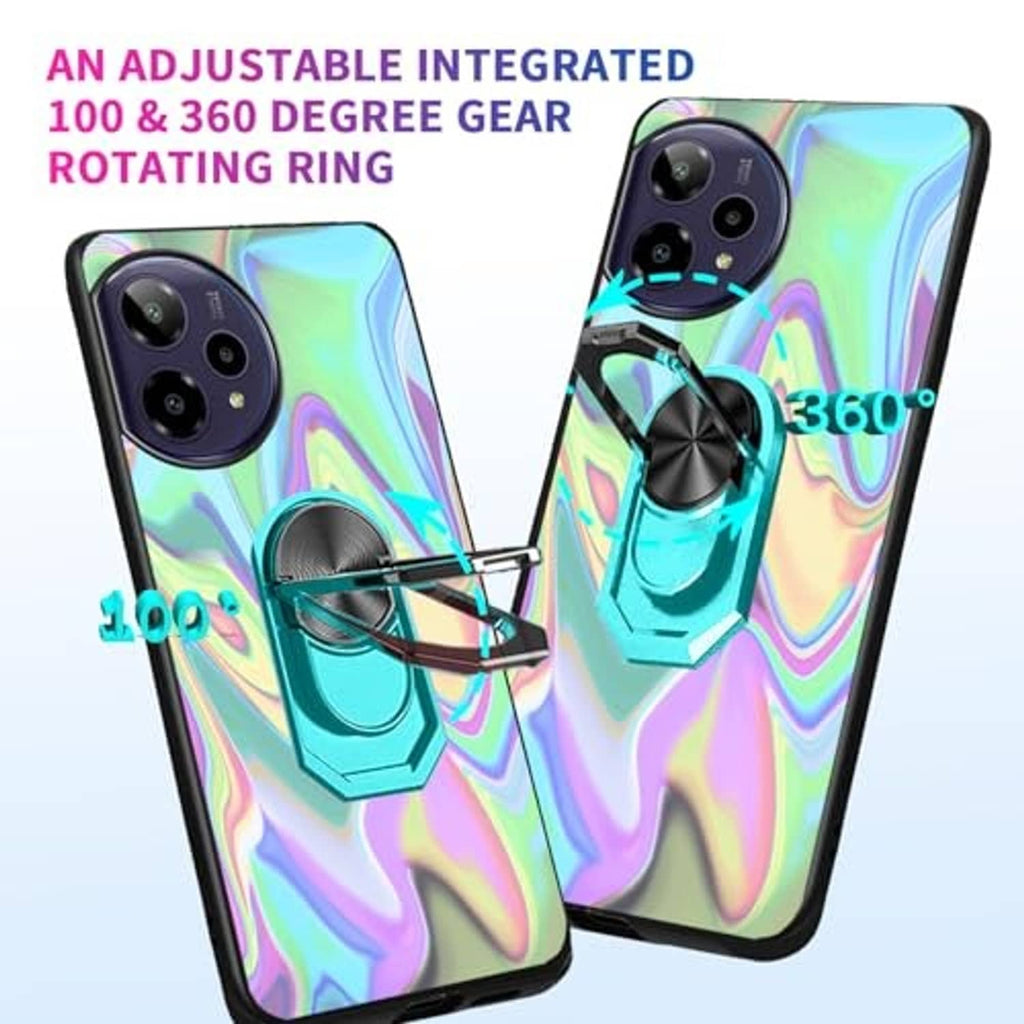 Iridescent wavy phone cases showing 360° rotating metal ring stand detail