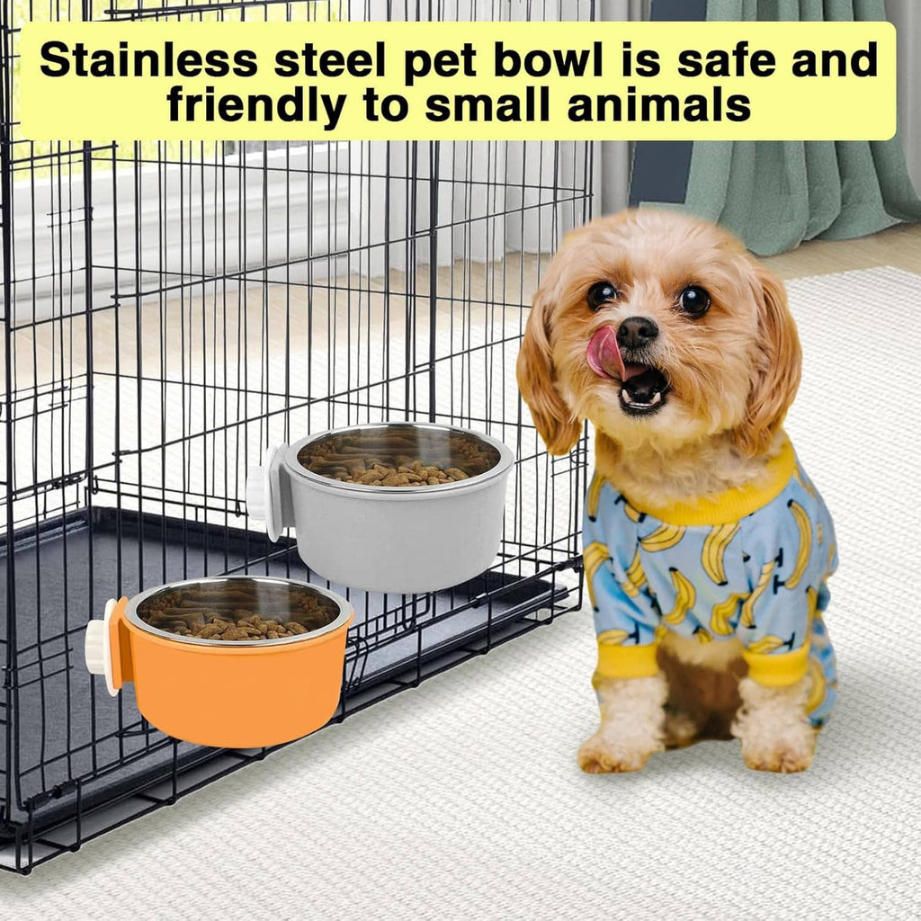 Stainless steel pet bowl on wire crate with orange hanging feeder