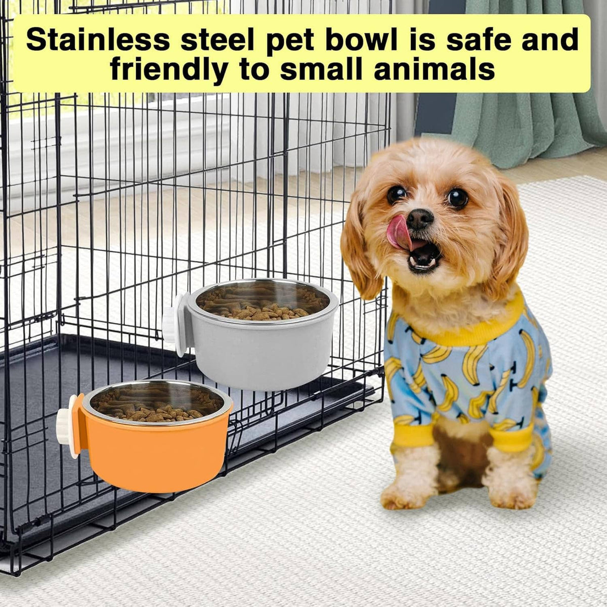 Stainless steel pet bowl on wire crate with orange hanging feeder