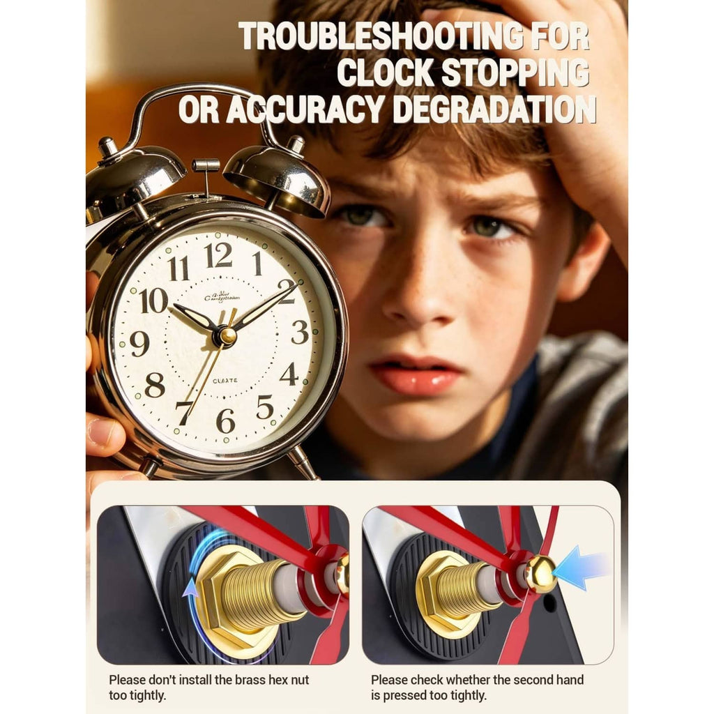 Clock movement troubleshooting kit with alarm clock and brass hex nut close-up
