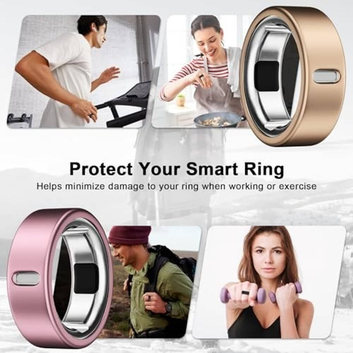 TPU ring covers with protective frame in rose pink and silver, side slot visible