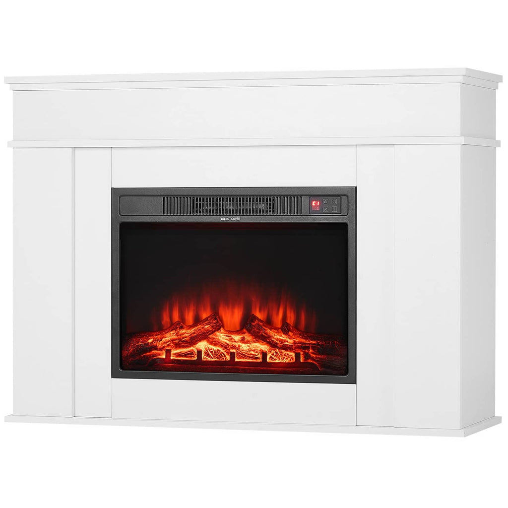 White electric fireplace mantel heater with centered red flame window and trim panels