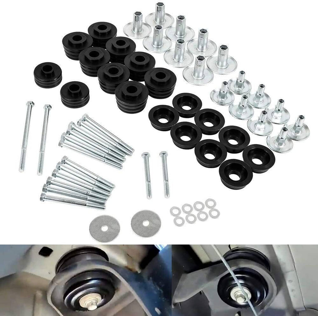Body cab mount bushing kit with black bushings, silver studs/bolts, and washers
