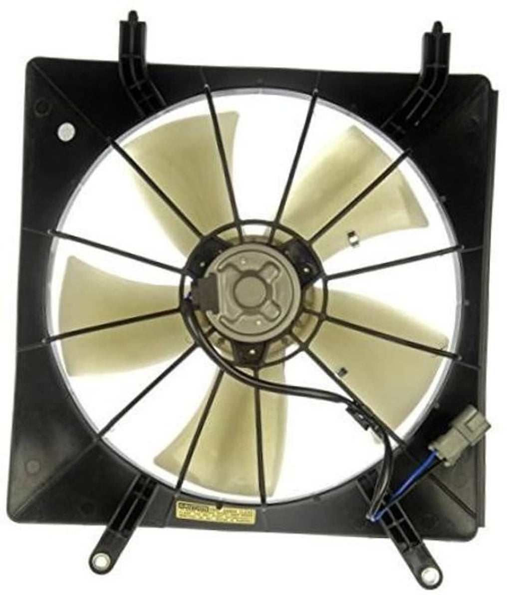 Black radiator cooling fan assembly with beige blades and mounting frame