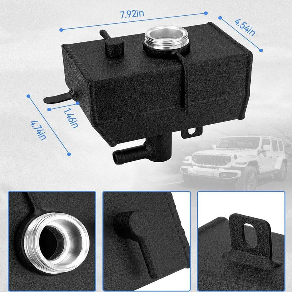 Black coolant reservoir tank with threaded inlet, outlet hose, and mounting bracket