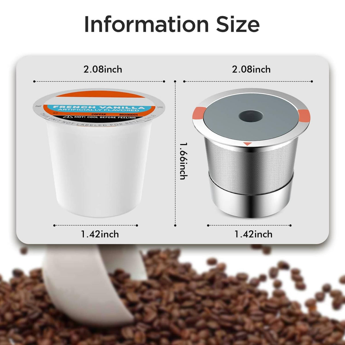Stainless steel reusable coffee pod with diameter and height size diagram