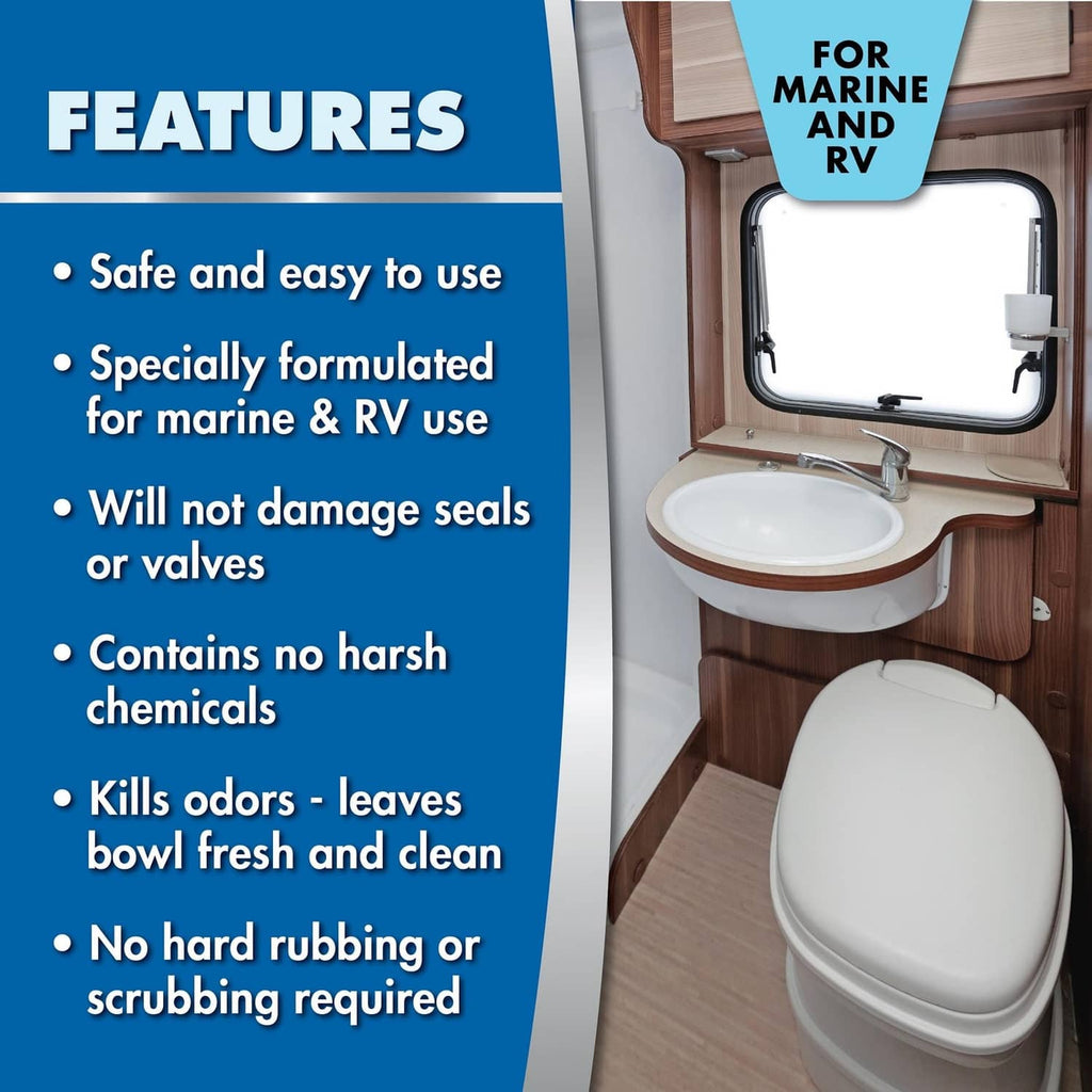 Toilet bowl cleaner packaging panel with marine & RV use features callouts.