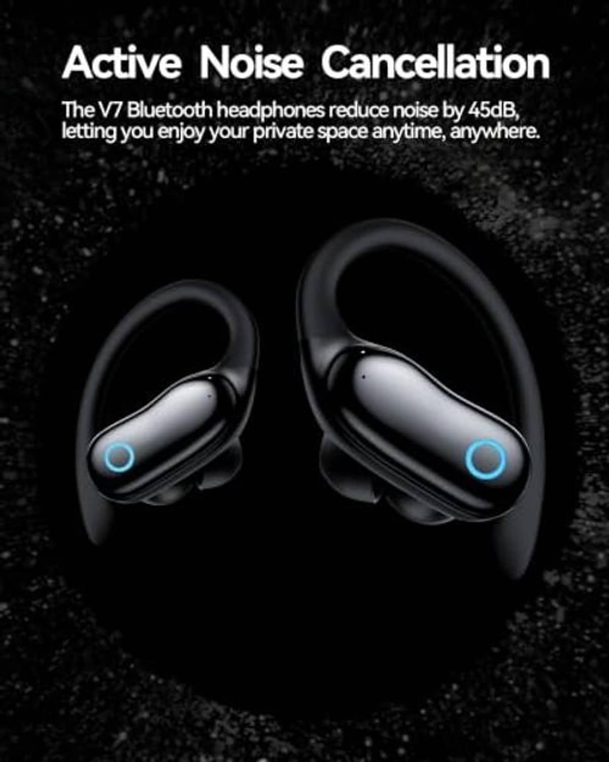 Black earbuds with blue indicator lights, active noise cancellation style design.