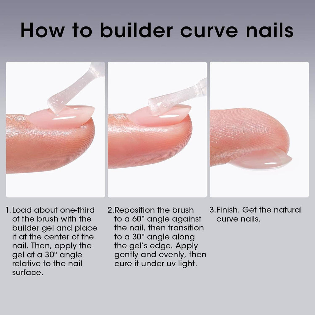 How to apply builder gel for curve nails, step-by-step on fingertips