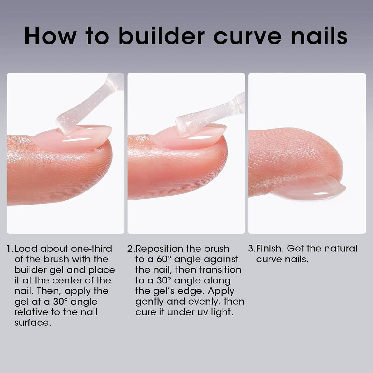 How to apply builder gel for curve nails, step-by-step on fingertips