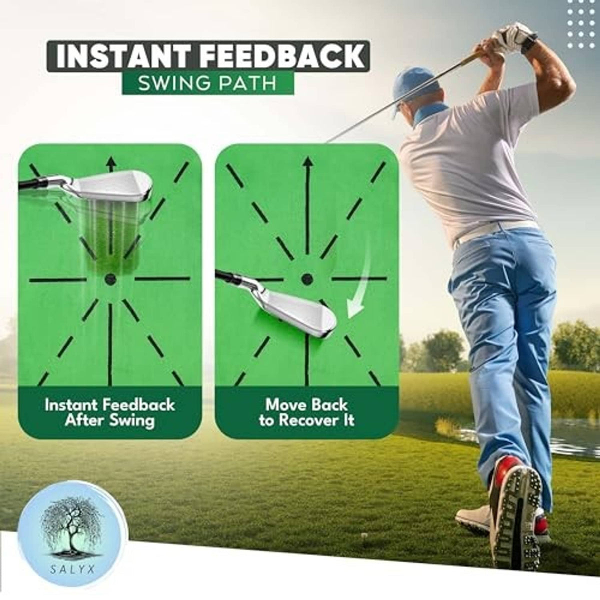 Green track pad golf practice mat with swing feedback arrows and outdoor target ring