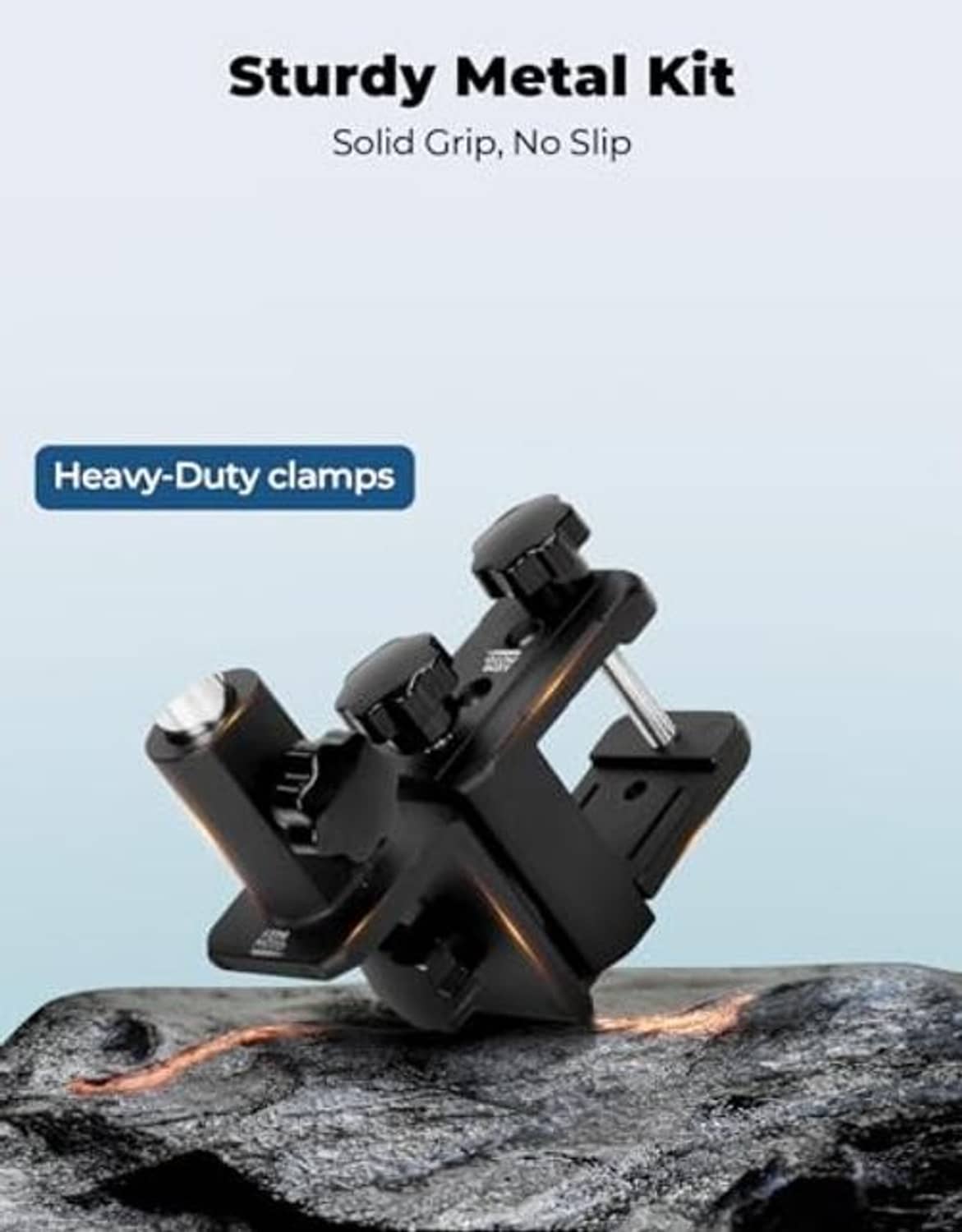 Heavy-duty black metal flag holder clamp assembly with pivoting arms